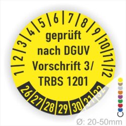 Gelbes Prüfzeichen mit der Aufschrift "geprüft nach DGUV Vorschrift 3 / TRBS 1201", das die Sicherheitsüberprüfung von Geräten im Durchmesser von 20-50 mm anzeigt.