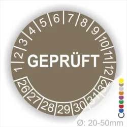Rundes Prüfzeichen mit der Aufschrift "GEPRÜFT", umgeben von nummerierten Markierungen von 1 bis 32. Geeignet für Durchmesser von 20-50 mm, in verschiedenen Farben erhältlich. Ideal für Qualitätskontrollen und Zertifizierungen.