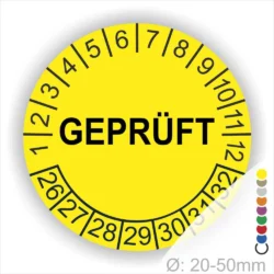 Gelbes Prüfetikett mit der Aufschrift "GEPRÜFT", umgeben von Zahlen von 1 bis 32, für Objekte mit einem Durchmesser von 20-50 mm.