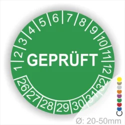 Grünes Prüfzeichen mit der Aufschrift "GEPRÜFT", umgeben von Zahlen von 1 bis 32, zeigt einen Durchmesser von 20-50 mm an. Ideal für die Kennzeichnung geprüfter Produkte oder Geräte.