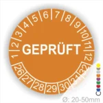 Runder Prüfaufkleber in Orange mit der Aufschrift "GEPRÜFT" und Zahlen von 1 bis 32, geeignet für Durchmesser von 20-50 mm. Ideal für die Kennzeichnung von geprüften Gegenständen.