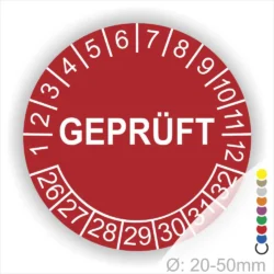 Runde rote Prüfplakette mit Aufdruck „GEPRÜFT“, Monatsring und Jahresring zur neutralen Kennzeichnung geprüfter Geräte und Anlagen, Ø 20–50 mm