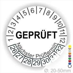 Rundstempel mit der Aufschrift "GEPRÜFT" und dem Hinweis auf den nächsten Prüftermin, geeignet für Durchmesser von 20-50 mm. Ideal für Qualitätskontrollen und Prüfberichte.