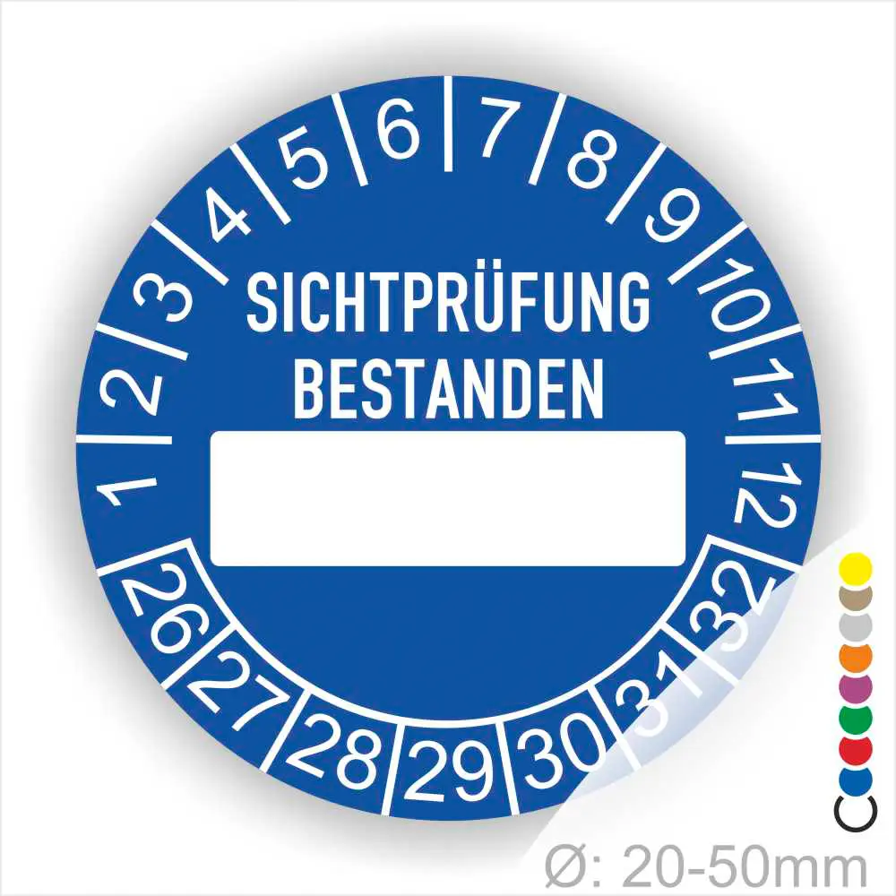 sichtpruefung-bestanden-pruefplakette-blau-beschriftungsfeld-monatsring-jahresring-20-50mm Prüfplakette, Prüfetikett rund, Farbe- Blau, Text "SICHTPRÜFUNG-BESTANDEN" in Weiß. Als nächstes kommt ein Beschriftung Feld / Leer Feld in Farbe Weiß. Startjahr- 26, Monatszahlen Oben und Jahreszahlen Unten in Kreisform.
