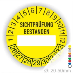 Sichtprüfung bestanden Prüfplakette gelb mit Beschriftungsfeld, Monats- und Jahresring, runde Prüfplakette zur Kennzeichnung bestandener Sichtprüfungen, Durchmesser 20–50 mm