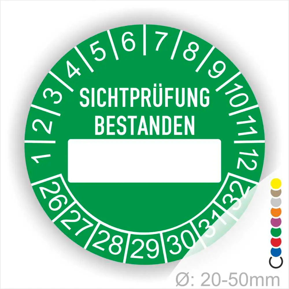 sichtpruefung-bestanden-pruefplakette-gruen-beschriftungsfeld-monatsring-jahresring-20-50mm Prüfplakette, Prüfetikett rund, Farbe- Grün, Text "SICHTPRÜFUNG-BESTANDEN" in Weiß. Als nächstes kommt ein Beschriftung Feld / Leer Feld in Farbe Weiß. Startjahr- 26, Monatszahlen Oben und Jahreszahlen Unten in Kreisform.