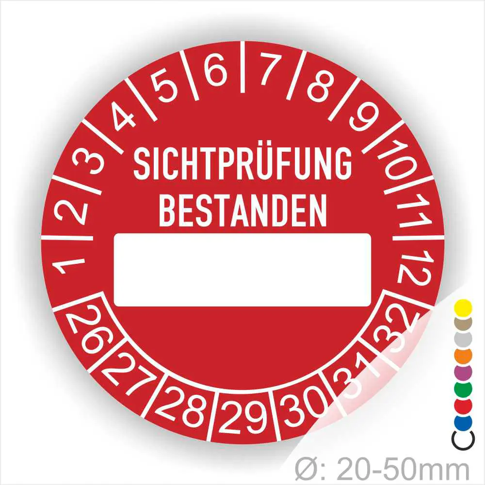 sichtpruefung-bestanden-pruefplakette-rot-beschriftungsfeld-monatsring-jahresring-20-50mm Prüfplakette, Prüfsiegelrund, Farbe- Rot, Text "SICHTPRÜFUNG-BESTANDEN" in Weiß. Als nächstes kommt ein Beschriftung Feld / Leer Feld in Farbe Weiß. Startjahr- 26, Monatszahlen Oben und Jahreszahlen Unten in Kreisform.