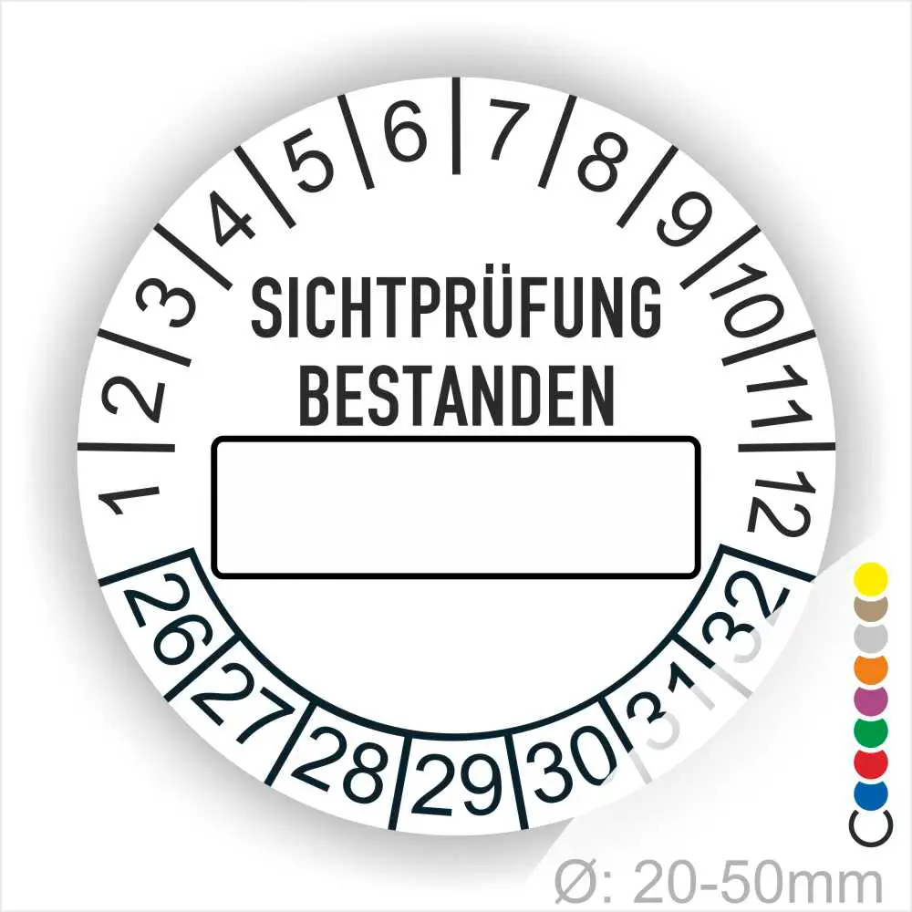 sichtpruefung-bestanden-pruefplakette-weiss-beschriftungsfeld-monatsring-jahresring-20-50mm Sichtprüfung bestanden Prüfaufkleber weiss mit Beschriftungsfeld, Monats- und Jahresring, runde Prüfplakette zur Kennzeichnung bestandener Sichtprüfungen, Durchmesser 20–50 mm