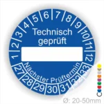 Serviceaufkleber rund, Farbe- Blau, Text "Technisch geprüft" in Weiß. Als nächstes kommt ein Beschriftungsfeld / Leer Feld in Farbe Weiß. Startjahr- 27, Monatszahlen Oben und Jahreszahlen Unten in Kreisform. über den Jahreszahlen Text "Nächster Prüftermin"