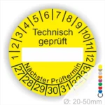 Prüfplakette rund, Farbe- Gelb, Text "Technisch geprüft" in schwarz. Als nächstes kommt ein Beschriftungsfeld / Leer Feld in Farbe Weiß. Startjahr- 27, Monatszahlen Oben und Jahreszahlen Unten in Kreisform. über den Jahreszahlen Text "Nächster Prüftermin"