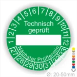 Prüfetiketten rund, Farbe- Gruen, Text "Technisch geprüft" in Weiß. Als nächstes kommt ein Beschriftungsfeld / Leer Feld in Farbe Weiß. Startjahr- 27, Monatszahlen Oben und Jahreszahlen Unten in Kreisform. über den Jahreszahlen Text "Nächster Prüftermin"