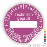 Prüfetiketten rund, Farbe- Lila, Text "Technisch geprüft" in Weiß. Als nächstes kommt ein Beschriftungsfeld / Leer Feld in Farbe Weiß. Startjahr- 27, Monatszahlen Oben und Jahreszahlen Unten in Kreisform. über den Jahreszahlen Text "Nächster Prüftermin"
