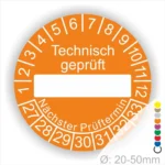 Prüfetiketten rund, Farbe- Rot, Text "Technisch geprüft" in Weiß. Als nächstes kommt ein Beschriftungsfeld / Leer Feld in Farbe Weiß. Startjahr- 27, Monatszahlen Oben und Jahreszahlen Unten in Kreisform. über den Jahreszahlen Text "Nächster Prüftermin"