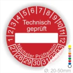 Prüfetiketten rund, Farbe- Rot, Text "Technisch geprüft" in Weiß. Als nächstes kommt ein Beschriftungsfeld / Leer Feld in Farbe Weiß. Startjahr- 27, Monatszahlen Oben und Jahreszahlen Unten in Kreisform. über den Jahreszahlen Text "Nächster Prüftermin"