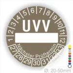 UVV Prüfplakette mit Platz für das Datum des nächsten Prüftermins, geeignet für Durchmesser von 20-50 mm.