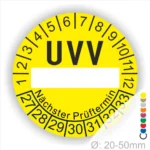 Gelbes UVV-Prüfsiegel mit Zahlen von 1 bis 12 und den nächsten Prüfterminen mit Jahreszahl von 27 bis 33, geeignet für Durchmesser von 20 bis 50 mm.