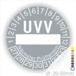 UVV Prüfplakette mit Platz für den nächsten Prüftermin, Durchmesser 20-50 mm, zeigt Monate und Tage zur Überprüfung.