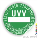 Grüner UVV-Prüfaufkleber mit Platz für das Prüfdatum, um die nächste Prüfung von Geräten und Maschinen zu kennzeichnen. Ideal für die Einhaltung von Sicherheitsvorschriften. Durchmesser 20-50 mm.