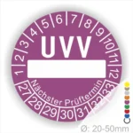 UVV-Prüfplakette in lila mit Platz für das nächste Prüfdatum, geeignet für Durchmesser von 20-50 mm, zur Kennzeichnung von Sicherheitsprüfungen.
