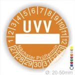 Orange UVV-Prüfplakette mit Platz für das Datum des nächsten Prüftermins, geeignet für Durchmesser von 20-50mm.