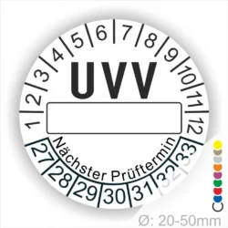 UVV Prüfplakette mit Platz für den nächsten Prüftermin, Durchmesser 20-50 mm, zur Kennzeichnung von Sicherheitsprüfungen in Betrieben.