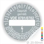 Prüfsiegel gemäß VDE 0701/0702, rund mit Platz für das Prüfdatum, für elektrische Geräte mit einem Durchmesser von 20-50 mm.