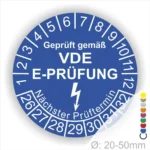 VDE E-Prüfungsaufkleber zur Kennzeichnung von elektrischen Geräten, mit Prüfintervall und nächstem Prüftermin. Durchmesser von 20-50 mm, geeignet für die Einhaltung von Sicherheitsstandards.