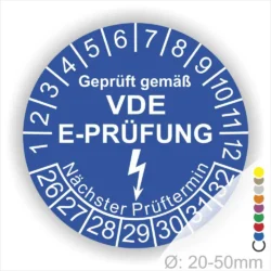 VDE E-Prüfungsaufkleber zur Kennzeichnung von elektrischen Geräten, mit Prüfintervall und nächstem Prüftermin. Durchmesser von 20-50 mm, geeignet für die Einhaltung von Sicherheitsstandards.