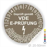 VDE E-Prüfungsaufkleber mit Prüfdatum und nächsten Prüfterminen, geeignet für Geräte mit einem Durchmesser von 20-50 mm.