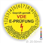 Gelbe runde VDE E-Prüfung Prüfplakette mit Jahresring, Blitzsymbol und Aufdruck „Geprüft gemäß VDE – Nächster Prüftermin“, Durchmesser 20–50 mm