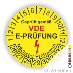 Gelbe runde VDE E-Prüfung Prüfplakette mit Jahresring, Blitzsymbol und Aufdruck „Geprüft gemäß VDE – Nächster Prüftermin“, Durchmesser 20–50 mm
