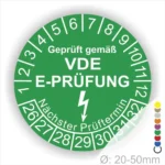 VDE E-Prüfungsplakette in grün mit Prüfnummern von 1 bis 32, Hinweis auf den nächsten Prüftermin, geeignet für Geräte mit einem Durchmesser von 20-50 mm.