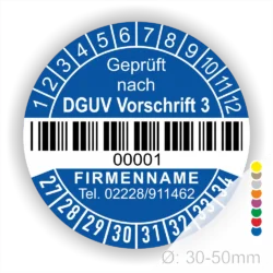 DGUV Prüfplakette mit Barcode und fortlaufender Nummerierung, Farbe blau, Aufdruck „Geprüft nach DGUV Vorschrift 3“, Durchmesser 30–50 mm. Individuell bedruckbarer Prüfaufkleber für elektrische Betriebsmittel nach DGUV V3 – ideal zur Sicherheitskennzeichnung und Prüfung gemäß DGUV Vorschrift 3. Prüfplaketten kaufen bei PrintEngel.de.