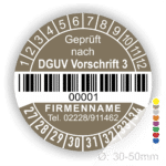 DGUV Prüfplakette mit Barcode und fortlaufender Nummerierung, Farbe braun, Aufdruck „Geprüft nach DGUV Vorschrift 3“, Durchmesser 30–50 mm. Individuell bedruckbarer Prüfaufkleber für elektrische Betriebsmittel nach DGUV V3 – ideal zur Sicherheitskennzeichnung und Prüfung gemäß DGUV Vorschrift 3. Prüfplaketten kaufen bei PrintEngel.de.