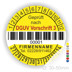 DGUV Prüfplakette mit Barcode und fortlaufender Nummerierung, gelb, Aufdruck „Geprüft nach DGUV Vorschrift 3“, Durchmesser 30–50 mm. Individuell bedruckbarer Prüfaufkleber für elektrische Betriebsmittel nach DGUV V3 – ideal zur Sicherheitskennzeichnung und Prüfung gemäß DGUV Vorschrift 3. Prüfplaketten kaufen bei PrintEngel.de.