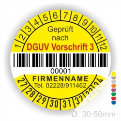 DGUV Prüfplakette mit Barcode und fortlaufender Nummerierung, gelb, Aufdruck „Geprüft nach DGUV Vorschrift 3“, Durchmesser 30–50 mm. Individuell bedruckbarer Prüfaufkleber für elektrische Betriebsmittel nach DGUV V3 – ideal zur Sicherheitskennzeichnung und Prüfung gemäß DGUV Vorschrift 3. Prüfplaketten kaufen bei PrintEngel.de.