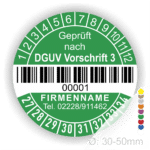 DGUV Prüfplakette mit Barcode und fortlaufender Nummerierung, Farbe gruen, Aufdruck „Geprüft nach DGUV Vorschrift 3“, Durchmesser 30–50 mm. Individuell bedruckbarer Prüfaufkleber für elektrische Betriebsmittel nach DGUV V3 – ideal zur Sicherheitskennzeichnung und Prüfung gemäß DGUV Vorschrift 3. Prüfplaketten kaufen bei PrintEngel.de.