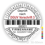 DGUV Prüfplakette mit Barcode und fortlaufender Nummerierung, Farbe weiss, Aufdruck „Geprüft nach DGUV Vorschrift 3“, Durchmesser 30–50 mm. Individuell bedruckbarer Prüfaufkleber für elektrische Betriebsmittel nach DGUV V3 – ideal zur Sicherheitskennzeichnung und Prüfung gemäß DGUV Vorschrift 3. Prüfplaketten kaufen bei PrintEngel.de.