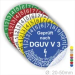 Runde DGUV V3 Prüfplaketten in Blau mit Jahreszahlen 2026–2032 und Monatsring, Prüfaufkleber für Elektroprüfung nach DGUV Vorschrift 3