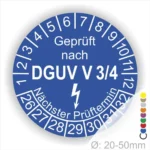 Prüfsiegel nach DGUV V 3/4 für elektrische Geräte, blaues Rundschild mit Prüfnummern und nächstem Prüftermin, geeignet für Geräte mit einem Durchmesser von 20-50 mm.