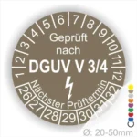 Prüfsiegel gemäß DGUV V 3/4 zur Kennzeichnung von elektrischen Geräten, mit Angaben zum nächsten Prüftermin und Durchmesser von 20-50 mm.