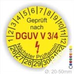 DGUV V3 Prüfplakette gelb mit Monats- und Jahresring – Mehrjahres-Prüfetikett geprüft nach DGUV Vorschrift 3/4 mit Blitzsymbol