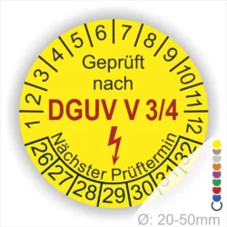 DGUV V3 Prüfplakette gelb mit Monats- und Jahresring – Mehrjahres-Prüfetikett geprüft nach DGUV Vorschrift 3/4 mit Blitzsymbol