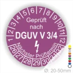 Prüfsiegel nach DGUV V 3/4 mit nächstem Prüftermin, geeignet für Geräte mit einem Durchmesser von 20-50 mm.