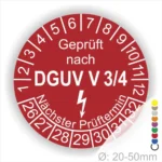 Prüfzertifikat gemäß DGUV V 3/4 in roter Farbe mit Angaben zum nächsten Prüftermin und Durchmesser von 20-50 mm.