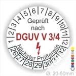 Prüfziffernblatt nach DGUV V 3/4 mit nächstem Prüftermin und Maßangabe für Geräte mit einem Durchmesser von 20-50 mm.