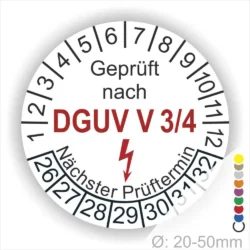 Prüfziffernblatt nach DGUV V 3/4 mit nächstem Prüftermin und Maßangabe für Geräte mit einem Durchmesser von 20-50 mm.