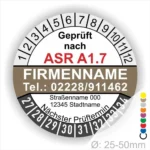 Individuelle ASR A1.7 Prüfplakette braunTelefonnummer und Adresse, Mehrjahres-Prüfaufkleber für Tore und Türen mit Monats- und Jahresring, Durchmesser 25–50 mm