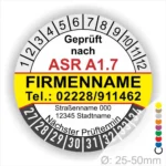 Individuelle ASR A1.7 Prüfplakette gelb mit Firmenname, Telefonnummer und Adresse, Mehrjahres-Prüfaufkleber für Tore und Türen mit Monats- und Jahresring, Durchmesser 25–50 mm