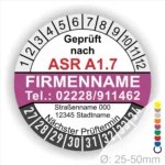 Individuelle ASR A1.7 Prüfplakette lila mit Firmenname, Telefonnummer und Adresse, Mehrjahres-Prüfaufkleber für Tore und Türen mit Monats- und Jahresring, Durchmesser 25–50 mm